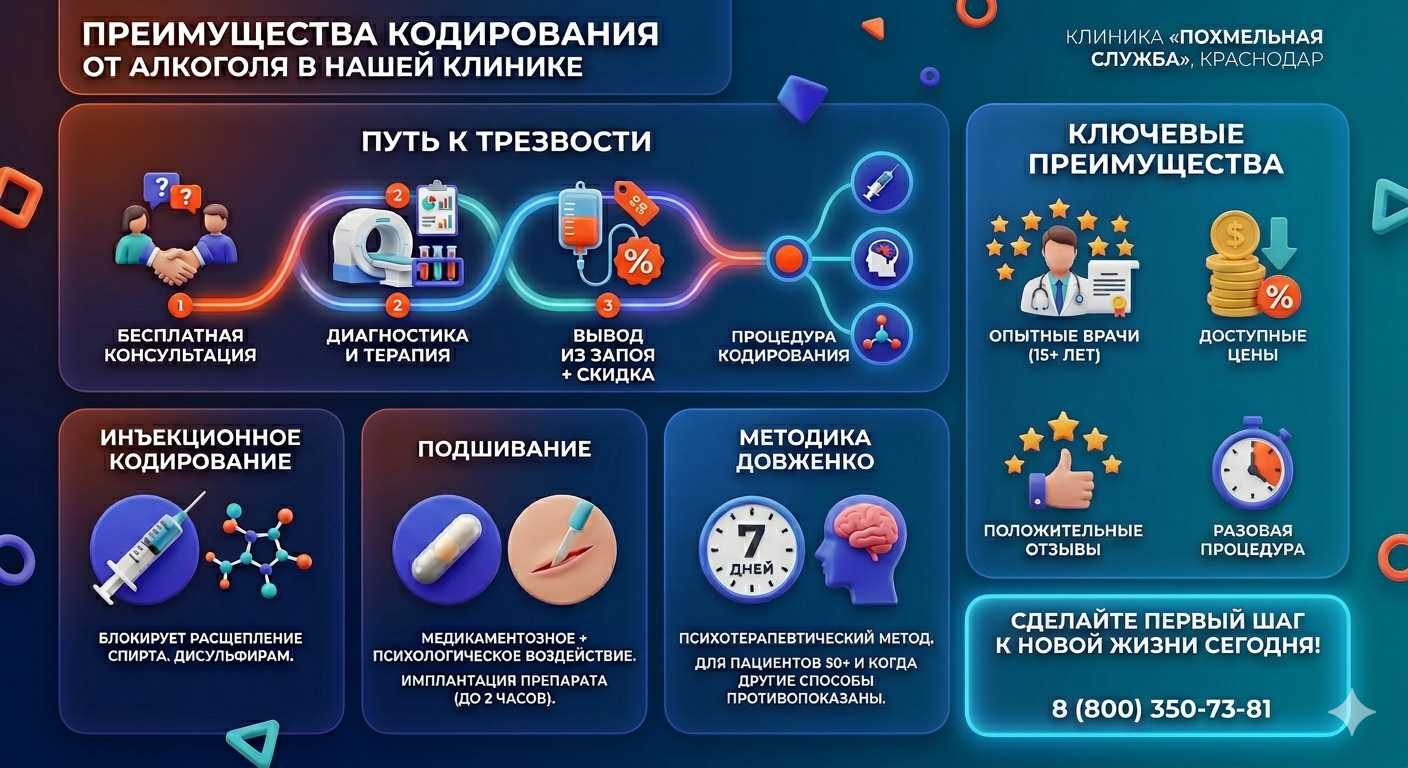 Инфографика о методах кодирования от алкоголя в Новомихайловском: инъекции, подшивание, метод Довженко. Преимущества клиники и этапы лечения.