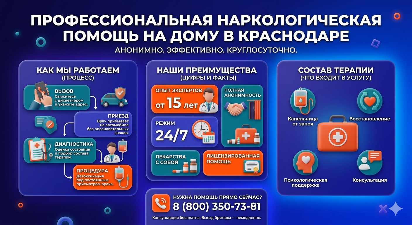Инфографика о принципах лечения алкоголизма на дому в Новомихайловском: этапы вызова нарколога, преимущества анонимной детоксикации и состав медицинской помощи.